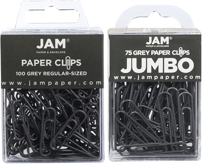 JAM PAPER Combo Pack Colorful Paper Clips - Standard & Jumbo - Grey Paperclips - 1 Pack of 100 & 1 Pack of 75