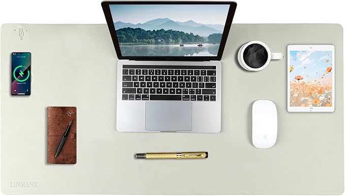 Wireless Charging Mouse Pad with for Desktop Charging Large Desk Mat 32"x16" Waterproof Gray Leather Computer Mat Mousepad Non-Slip Protector on Top of Desks for Keyboard and Mouse (Gray-L)
