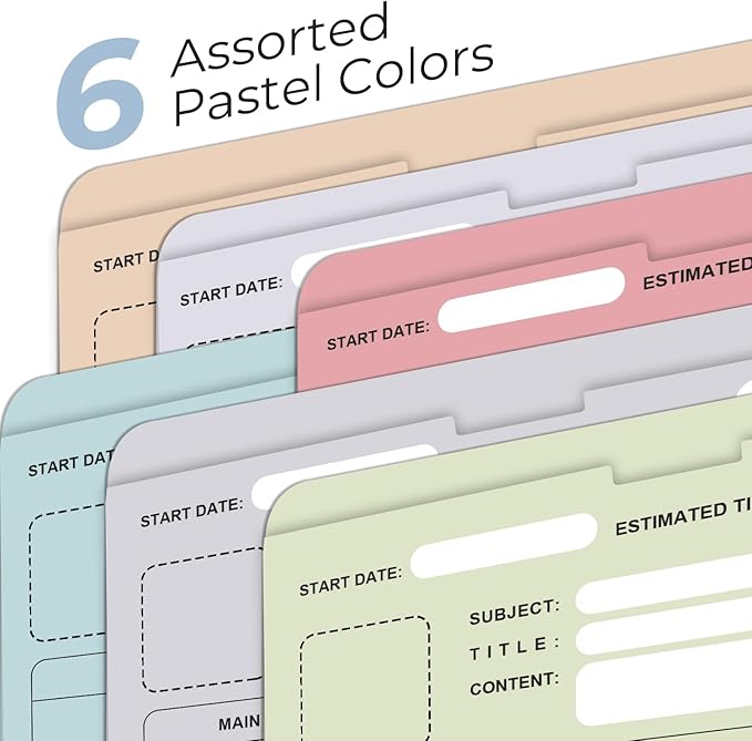 Y YOMA 6 Pack File Folder Jackets Letter Size Paper Pocket File Folder with Reinforced Straight-Cut Tab Pre-Printed Job Folders No Expansion Organizer for Office, Soft Colors, Project Design