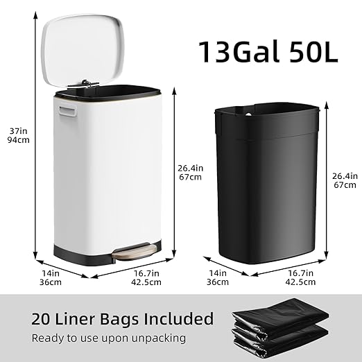 KUK 13 Gallon Kitchen Trash Can with Lid, 50L/13Gal Office Step Garbage Can for Home, Kitchen, Laundry Room, Office, Brushed Stainless Steel, White