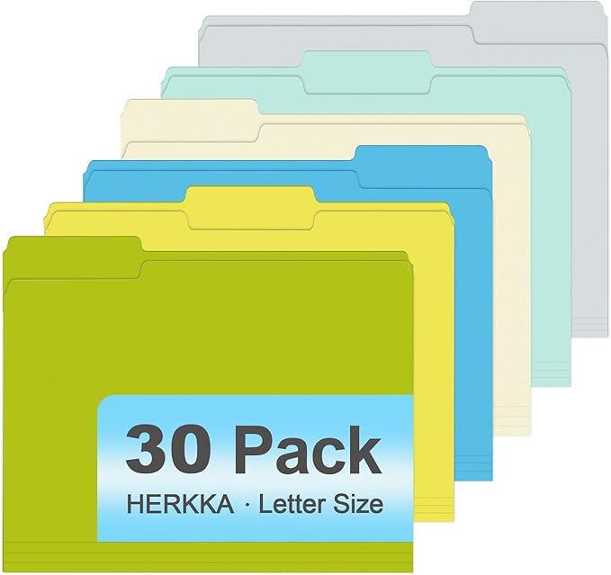 File Folder, HERKKA 30 Pack 1/3 Cut Tab File Folders, Letter Size, Assorted 6 Colors, Colored File Folders Designed for Office and Classroom Use
