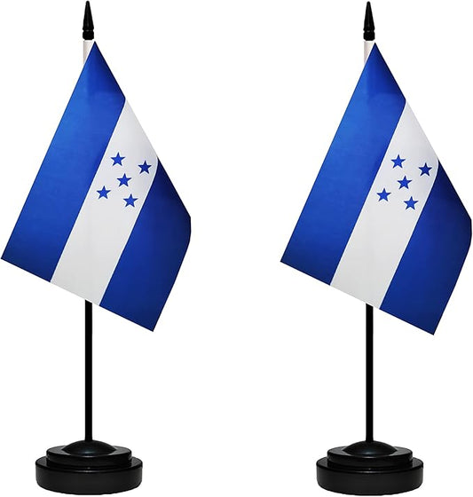 Honduras Honduran Deluxe Desk Flag Set Small Mini Miniature Honduras Honduran Table Desktop Flags With Solid Pole, Black Base and Spear Top (2 Pack)
