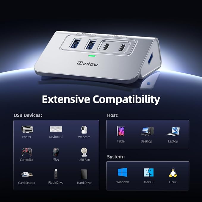 USB C Hub 10Gbps, 4 Port USB Splitter with 2 USB C/USB A 3.2 Data Ports, [Not Support Video and Chrging], Aluminum USB 3.2 Hub with 3.3Ft Cable for Laptop, PC, Mac, Flash Drive, Camera