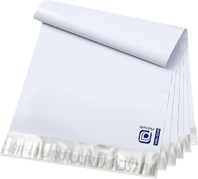 POLYSELLS 200 pcs 12x15.5 Inches White (Silver) Poly Mailers Shipping Envelopes, Strong Adhesive Sealing, Waterproof, and Tear-resistant Postal Mailing Bags for Small Business, Clothes