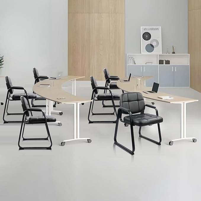 CLATINA Waiting Room Guest Chair with Bonded Leather Padded Arm Rest for Office Reception and Conference Desk Black with Sled Base 6 Pack