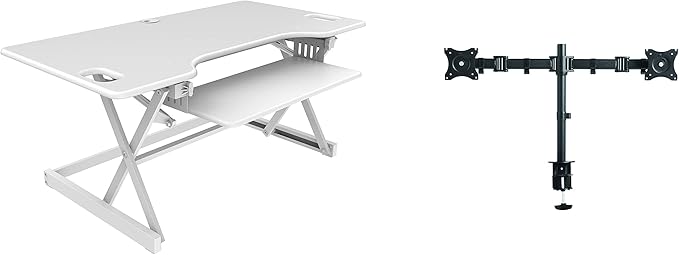 Rocelco 46" Large Height Adjustable Standing Desk Converter with Double Monitor Mount BUNDLE - Quick Sit Stand Up Computer Workstation Riser - Retractable Keyboard Tray - White (R DADRW-46-DM2)