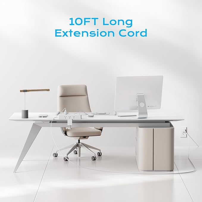 Flat Plug Desk Clamp Power Strip 10FT, 24W Total Charging Station, Desk Edge Mount Power Strip 9 AC Outlets 8 USB Ports Surge Protector, Fit 1.7" Tabletop Edge, Home Office Accessories, White