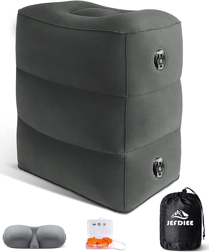 JefDiee Inflatable Travel Foot Rest Pillow, Kids Airplane Bed, Adjustable 3 Layers Height Leg Rest Pillow, Adults Travel Essentials Great for Airplane, Office, Home, Trains, Cars (Dark Grey)