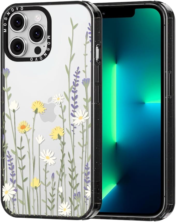 MOSNOVO Case for iPhone 13 Pro Max, [10ft 4X Military-Grade Drop Protection] Durable & Shockproof Phone Case Cover Design for iPhone 13 Pro Max - Wild Meadow - Clear Black