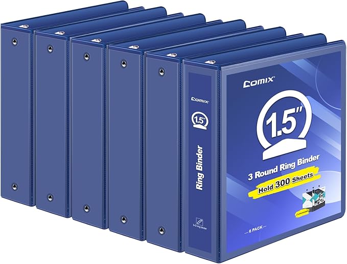 COMIX 3 Ring Binder 1.5 inch with Clear View Cover, 1.5" View Binder Holds 300 Sheets of US Letter Size Paper, 6 Pack (Dark Blue)