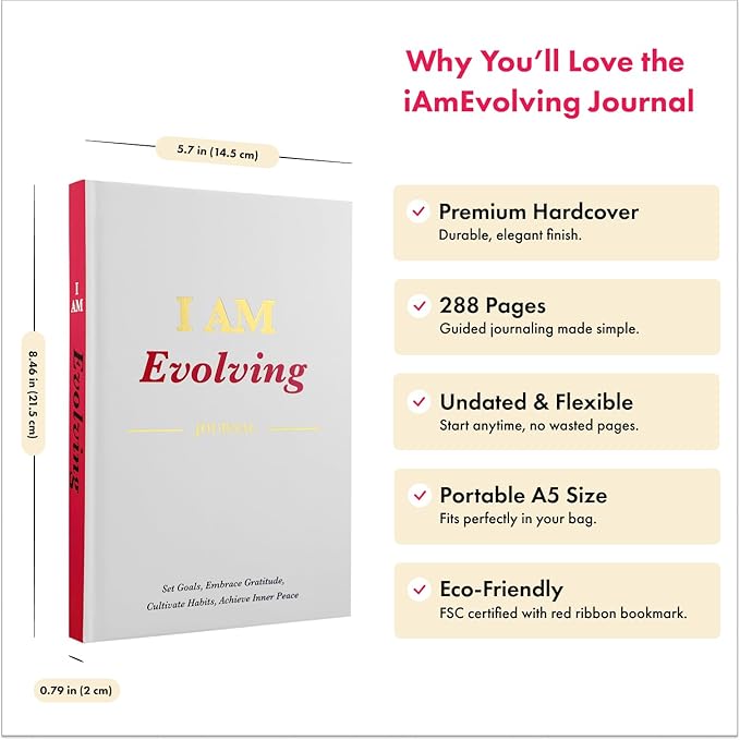 iAmEvolving Journal – Guided Gratitude & Goal Planner with Habit Tracker, Mindfulness Prompts & Daily Reflection | Undated 6-Month Self-Care & Wellness Notebook for Personal Growth (White)