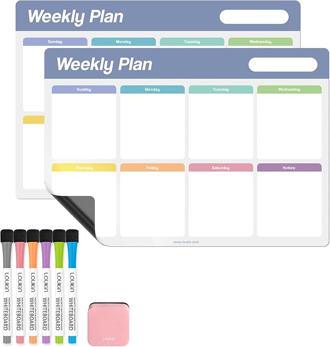 Loukin 17"x11.8" Weekly Dry Erase Calendar 2 Pack, Electrostatic Adsorption Whiteboard Planner, Reusable Schedule Organizer for Office, Classroom, Refrigerator, 6 Markers & 1 Eraser Included