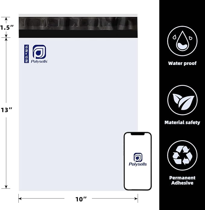 POLYSELLS 200 Pack 10x13 Inch Poly Mailers Shipping Envelopes, Strong Adhesive Sealing, Waterproof, and Tear-resistant Postal Mailing Bags for Clothing, Books, and Accessories White