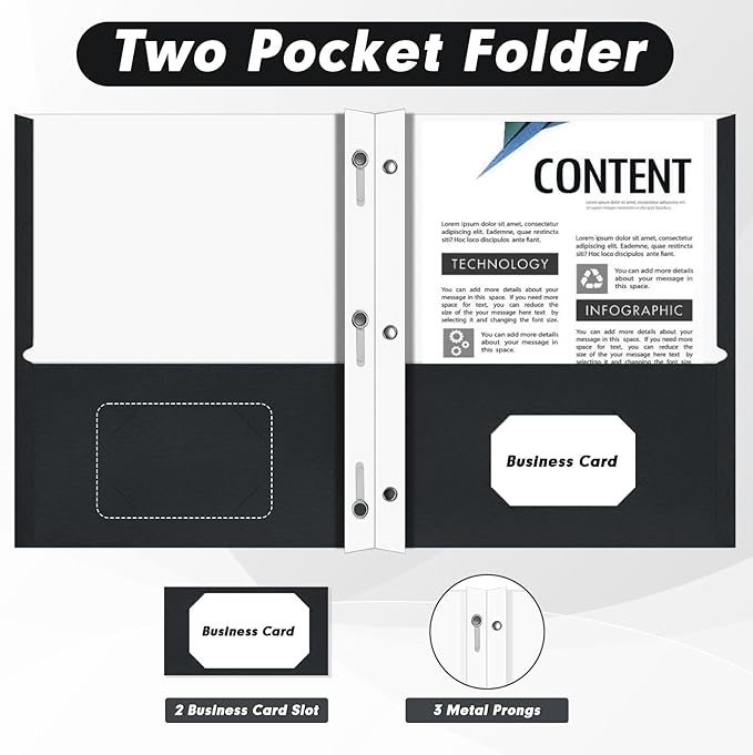 Two Pocket Folders, PANDRI 60 Pack Two Pocket Folders with Prongs, 3 Prong Folders Designed for Office and Classroom, Letter Size Black