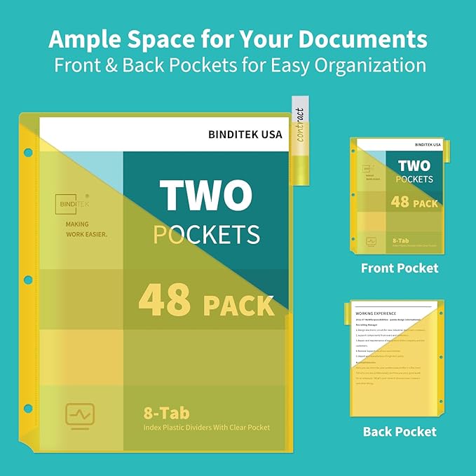 Binditek 48 Pack Plastic 8-Tab Binder Dividers with 2 Pockets, Tab Insertable Poly Pocket Dividers for 3 Ring Binders, Letter Size, Multicolor, Writable Label Cards, for Students and Coworkers, 6 Set