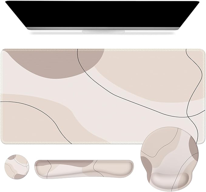 iCasso Large Gaming Mouse Pad Wrist Support Set, Desk Mat, 4in1 XXL Mousepad + Keyboard Wrist Rest+Mouse Wrist Rest+Coaster Set with Ergonomic Design for Home Office Table Computer-Brown Art