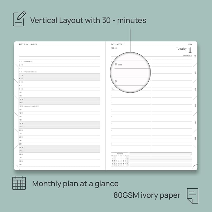 POPRUN 2025-2026 Daily Planner One Page Per Day (Large - 8.25'' x 12'') - Academic Calendar (July 2025 - June 2026), 2025 Day Appointment Book with Monthly Tabs, Hardcover - Midnight Green