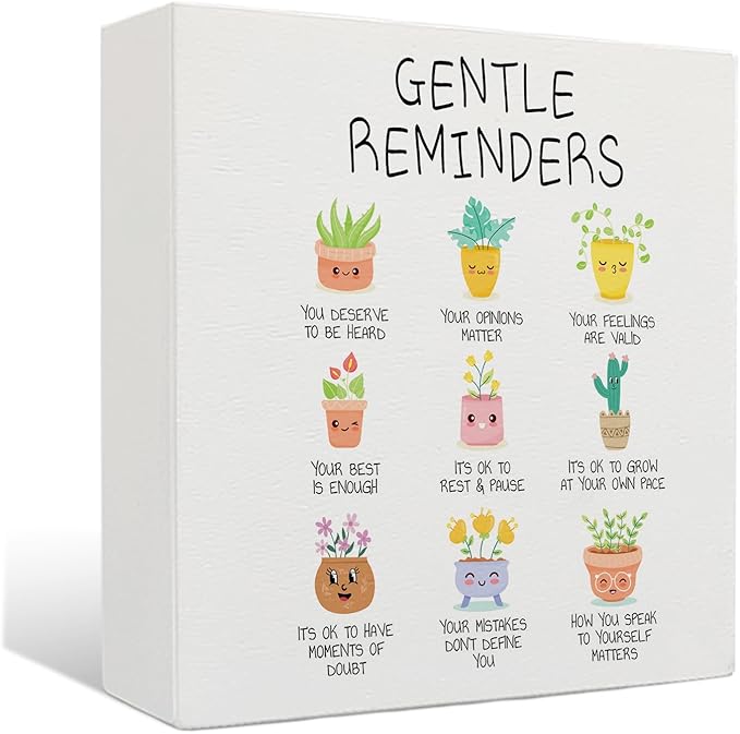 Mental Health Wooden Signs - Gentle Reminders Wooden Box Sign, Inspirational Potted Plant Desk Sign, Therapy Office Decor, Motivated Gifts, 5 X 5 Inches
