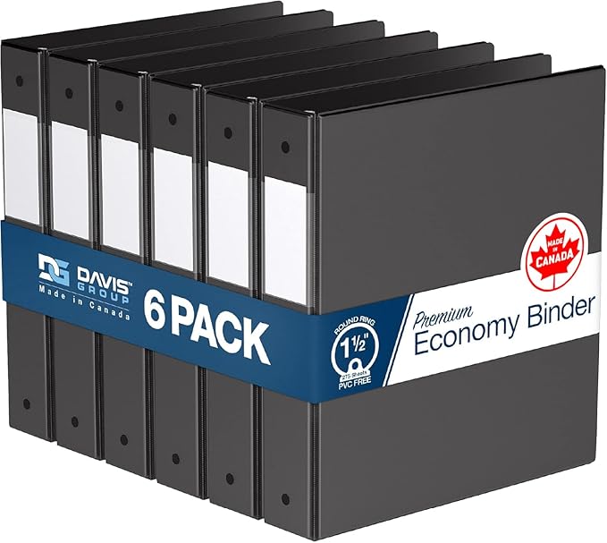Premium Economy 6-Pack 3-Ring Binders for School or Office, Round-Ring Binders, 1.5 Inch, Black