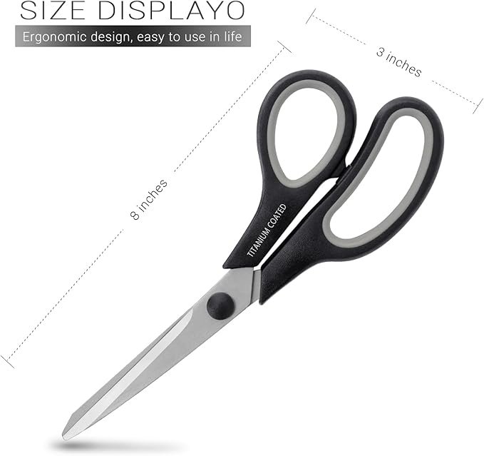 Scissors 8" Multipurpose Titanium Coated Sturdy Sharp Scissors Right/Left Handed Comfort-Grip Handles for Office Home School Sewing Fabric Craft Supplies Black