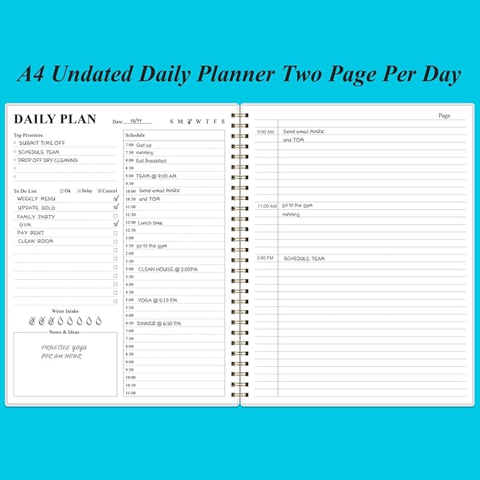 Daily Planner Undated - 8.5" x 11" To Do List Notebook Hourly Schedules, 150 Sheets/300 Pages Spiral Appointment Planner for Women and Men ,PVC Hardcover, Inner Pocket, Elastic Closure, Blue