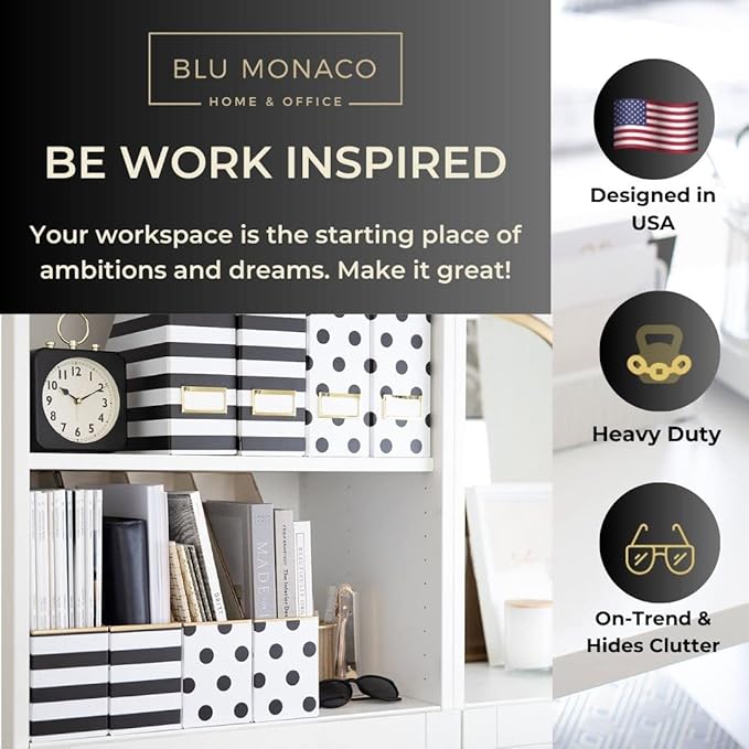 BLU MONACO Set of 4 Stylish Magazine File Boxes - 2 Black and White Stripes and 2 Polka Dots - Office Organization and Storage, Paper Organizer for Desk - Workspace and Classroom Organization