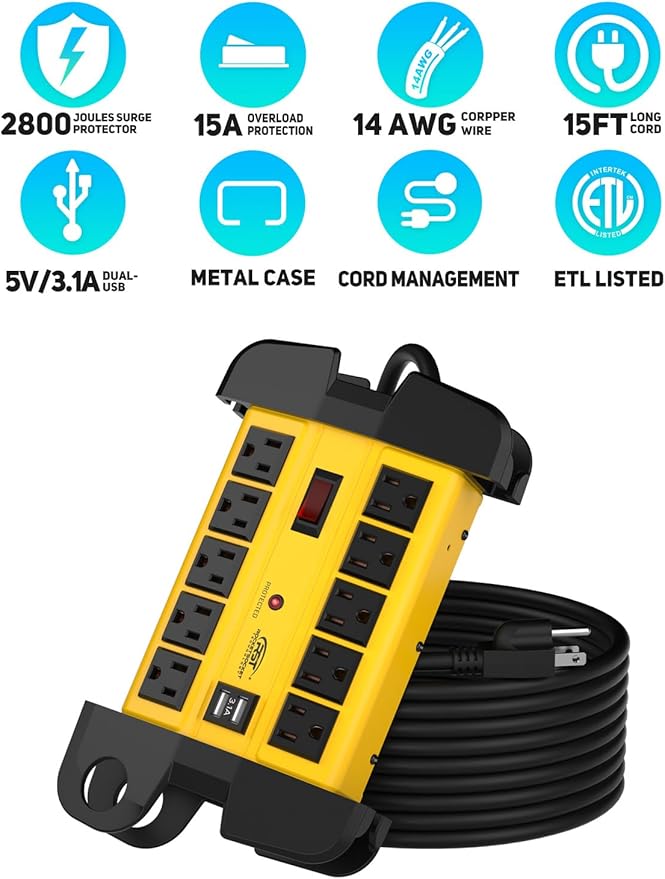 CRST Heavy Duty Power Strip with USB (3.1A),10-Outlet Metal Surge Protector Power Strip with 15FT Cord(2800J),15A Circuit Breaker, Wall Mount, ETL Listed