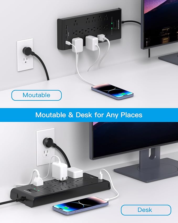 Power Strip 10 Ft, HANYCONY Surge Protector with 16 Outlets 4 USB Ports(2 USB C), Flat Plug Heavy Duty Extension Cord, 2700 Joules, Wall Mount for Home Office, ETL Listed, Black