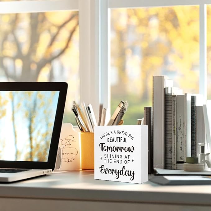 Wooden Block Sign "There is a Great Tomorrow" 5x5x1 INCH, Inspiration Decor, Vintage Tomorrowland Plaque for Desk or Wall, Classic Quote Display