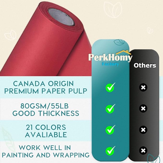 PerkHomy 36" x 2,400" (200') Red Kraft Paper Roll for Craft Bulletin Board Paper Art Table Covering Crafting Gift Wrapping Bouquet Packing Parcel 80GSM 55LB (Red, 36" x 200')