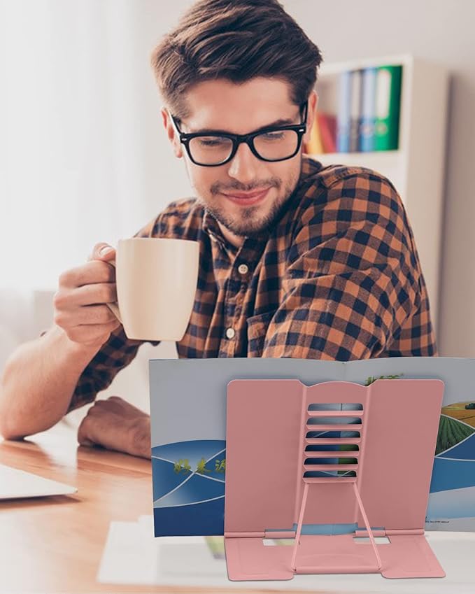 MSDADA Desk Book Stand Holder for Reading, Adjustable Cookbook Stand,Metal Reading Stand for Textbooks Recipes Music Books Tablet, Gifts for Kids Girls 8-12 (Morandi Pink)