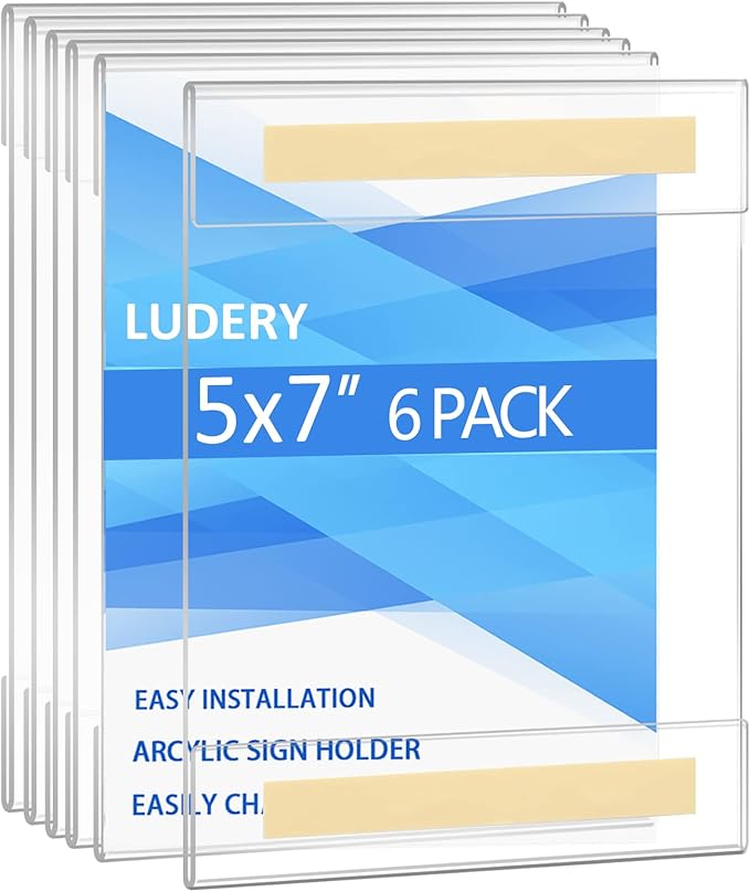 Acrylic Sign Holder 5 x 7 Wall Mount, Wall Mount Sign Holders, Clear Acrylic Frame with 3M Tape Adhesive, Plastic Wall Sign Holder for Office, Home, Restaurant-Vertical (6 Pack)