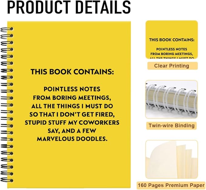 Pointless Notes from Boring Meetings Funny Yellow Golden Spiral Notebook, Humorous Office Gifts, Gag Gifts for Coworkers, Funny Office Sarcastic Gifts for Coworkers,Team Members, Employees