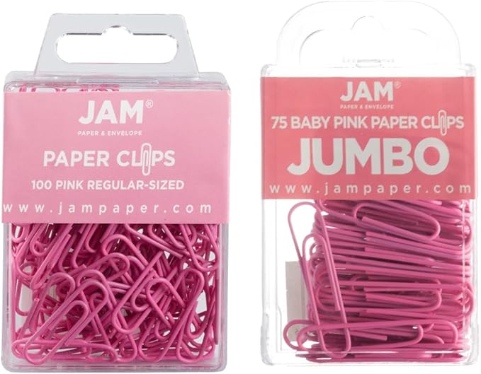 JAM PAPER Combo Pack Colorful Paper Clips - Standard & Jumbo - Pink Paperclips - 1 Pack of 100 & 1 Pack of 75