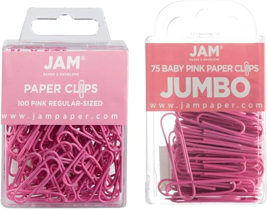 JAM PAPER Combo Pack Colorful Paper Clips - Standard & Jumbo - Pink Paperclips - 1 Pack of 100 & 1 Pack of 75