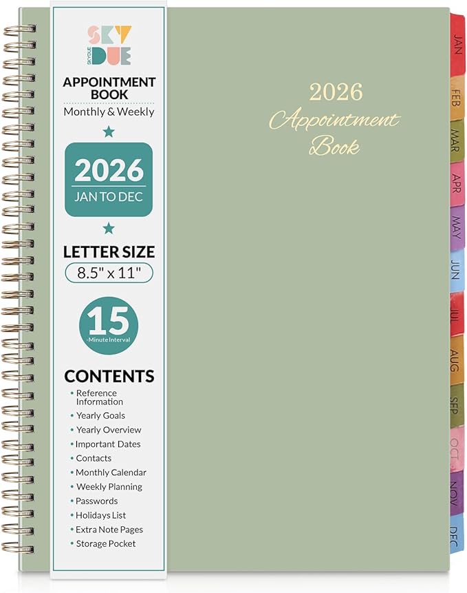 SKYDUE 2026 Appointment Book, 8.5" x 11", Hourly Planner with 15 & 30-Minute Increments, Weekly & Monthly Planner for January - December 2026, Perfect for Daily Planning, Green