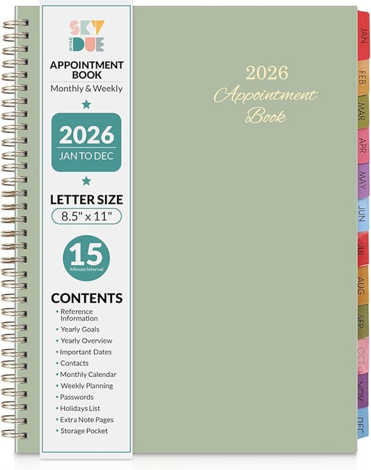 SKYDUE 2026 Appointment Book, 8.5" x 11", Hourly Planner with 15 & 30-Minute Increments, Weekly & Monthly Planner for January - December 2026, Perfect for Daily Planning, Green