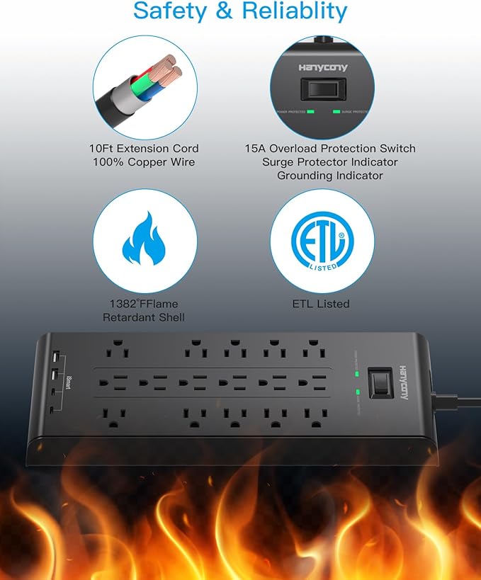 Surge Protector Power Strip, HANYCONY 5 Ft Flat Plug Heavy Duty Extension Cord with 16 Outlets 4 USB Ports(2 USB C), 2700 Joules, Wall Mount for Home Office, ETL Listed, Black