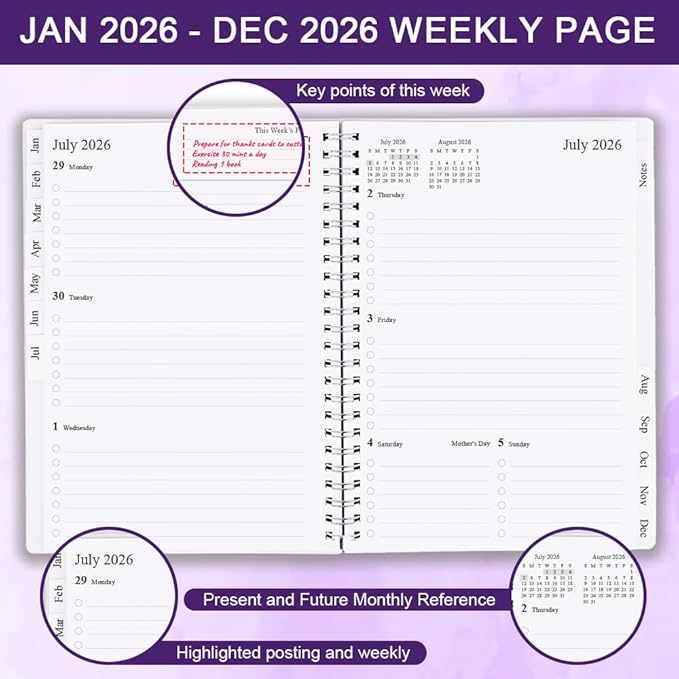 2026 Planner - Monthly Planner Runs January 2026 to December 2026, 6.25" x 8.25", 12 Monthly Tabs, 14 Notes Page, Inner Pocket, Flexible Cover with Twin-Wire Binding, Planners 2026, Purple