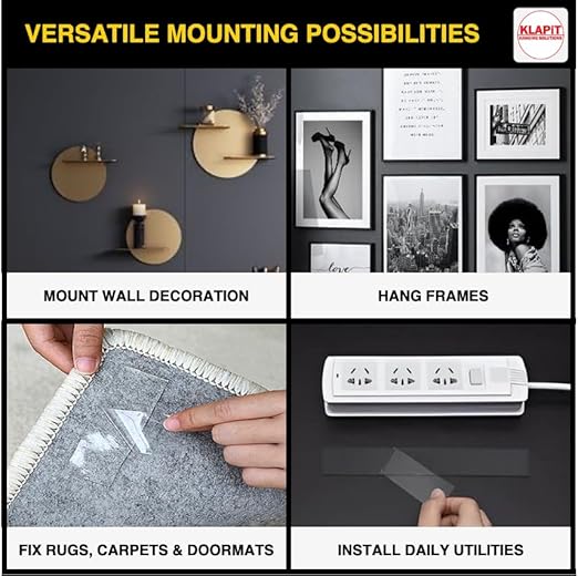 KLAPiT Super Tape - Clear Double Sided Heavy Duty Enhanced Nano Technology Holds 50 lb 1.27lb per Inch Multipurpose, Home Office Decor, Kitchen Bathroom Utility, Carpet & Furniture Fixing