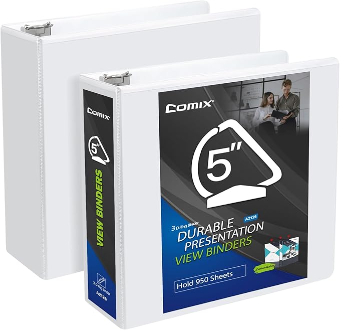 Comix Durable 3 Ring Binder, 5 inch D Ring Binders, Hold 950 Sheets of US Letter Size Paper, 2 Pack (White)