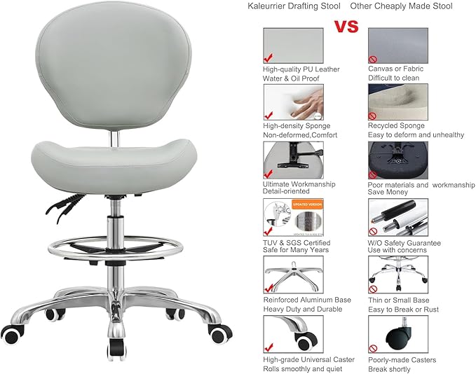 Kaleurrier Adjustable Stools Drafting Chair with Backrest & Foot Rest Tilt Back Swivel Seat Rolling Wheels for Studio Dental Office Salon and Counter Armless Tall Home Desk Chairs (Grey)