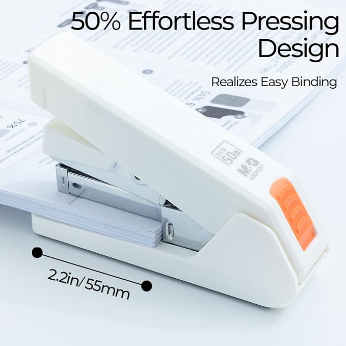 M&G Effortless Stapler 50 Sheet Capacity One-Touch Stapling, Heavy Duty Desktop Stapler Includes 1000 Staples and Remover, Portable Handheld Staplers for Home & Office (White)