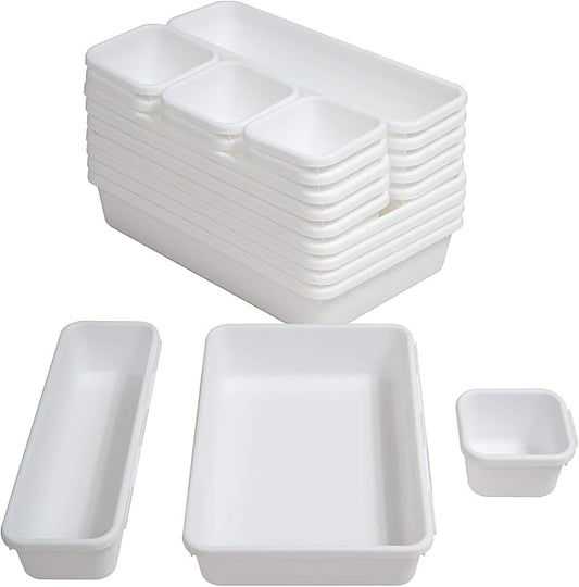 BYCY 18 Pcs White Drawer Organizers Trays Set Drawer Dividers for Kitchen Office Bathroom, Interlocking Bin Pack (18 Pieces)