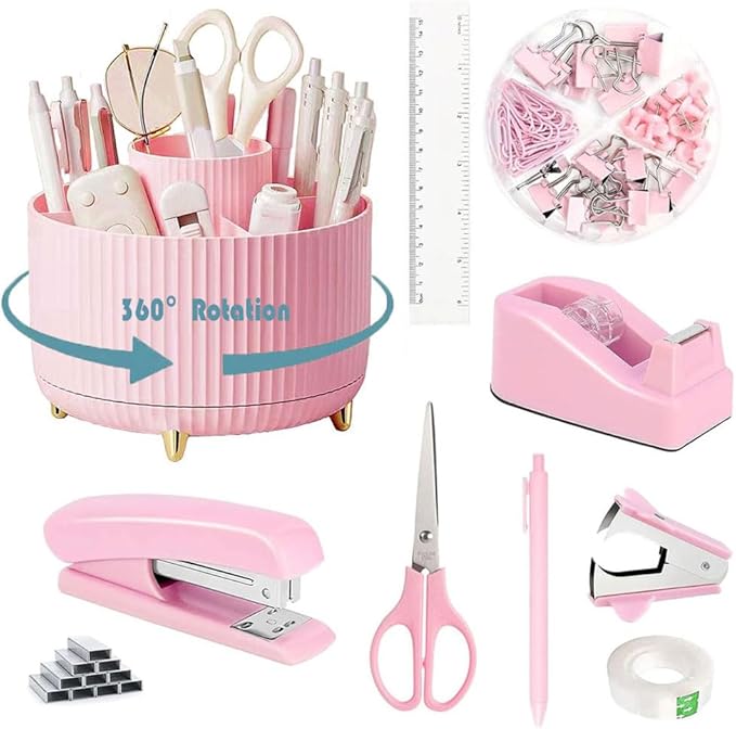 Desk Organizers and Accessories Set with 360-Degree Rotating Pen Holder, Tape Dispenser, Stapler, Staple Remover, 1000 Staples, Tape, Clips Set, Ruler, Scissor, Pen