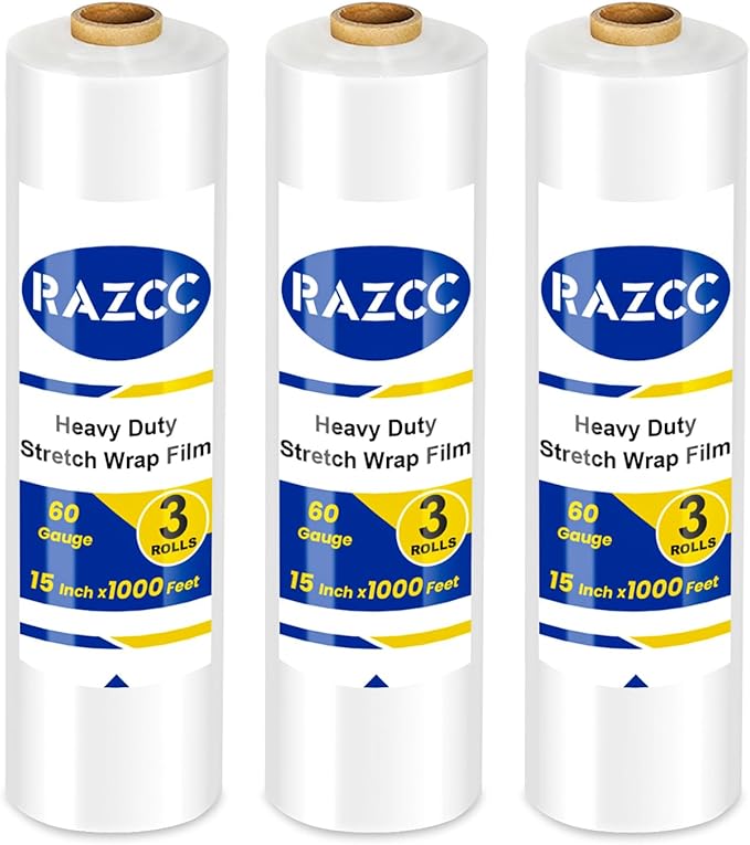 Stretch Film, RAZCC Stretch Wrap Industrial Strength, Shrink Wrap for Pallet Wrap, Heavy Duty Clear Plastic Wrap with Handles, Moving Wrapping Plastic Roll, 15" x 1000 Ft Per Roll, 60 Gauge, 3 Pack