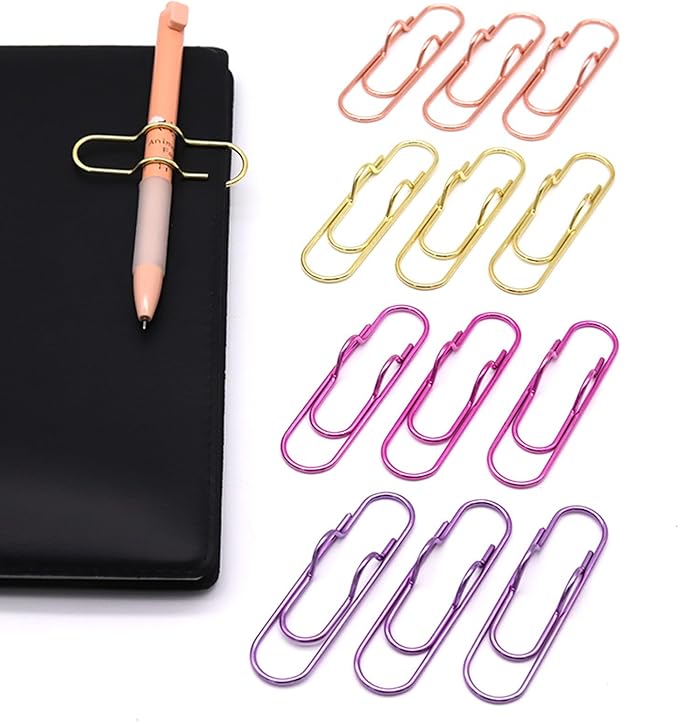 12-Pack Pen Holder Clips for Notebook, Journal, and Book, Ideal for Students, Professionals, and Teachers, Pen Loop Holder for Office and School Use (3 Gold, 3 Rose Gold, 3 Pink, 3 Purple)