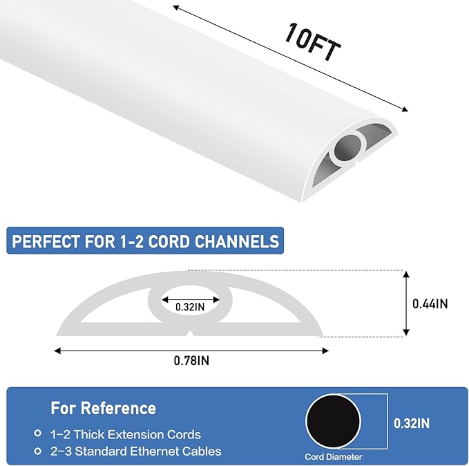 Floor Cord Cover Self Adhesive Cord Hider Floor Extension Cord Covers for Floor Power Cord Protector Cable Management Prevent Cable Trips Cable Cavity 0.32" W x 0.32" H (White, 10Ft)