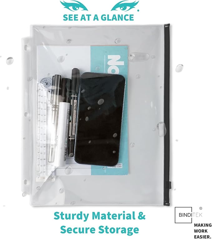 Binditek 40 Pack Plastic Zippered Binder Pockets, 3-Hole Punched for 3 Ring Binder, Clear PVC with Multicolor Zippers, Waterproof Loose Leaf Bag Pouch for Document Filing and Storage