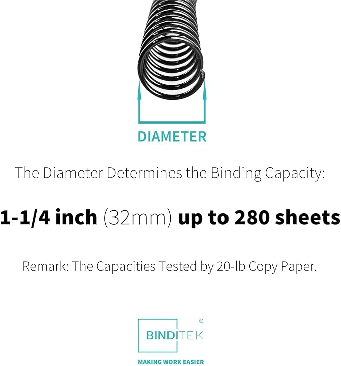 Binditek 50 Pack Plastic Spiral Binding Coils, 32mm (1-1/4"), 280 Sheet Capacity, 4:1 Pitch, Black, 48 Loops, for Letter Size, for Students and Coworkers